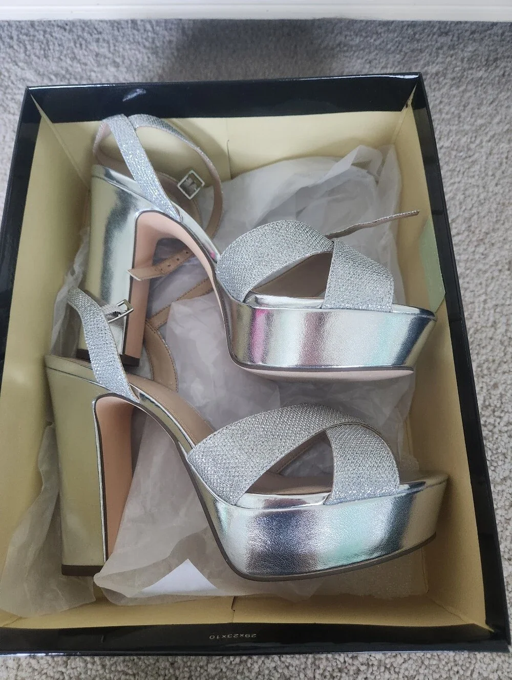 I Miller Silver Samien Sparkle Strappy Block Heels Womens